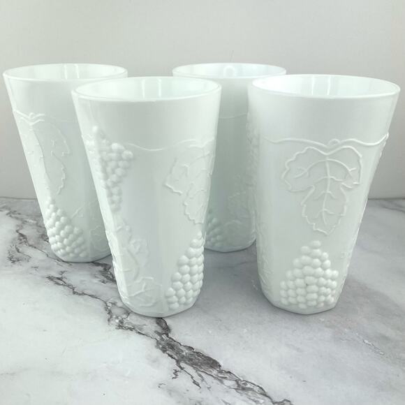 Indiana Glass Colony Harvest Milk Glass Grape and Leaf Tumblers 12oz Set of 4 - Picture 2 of 11